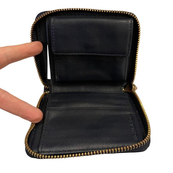 Michael Kors Bifold Wallet Small Zip Around Beige Camel Navy Blue Leather Trim - Picture 3 of 4